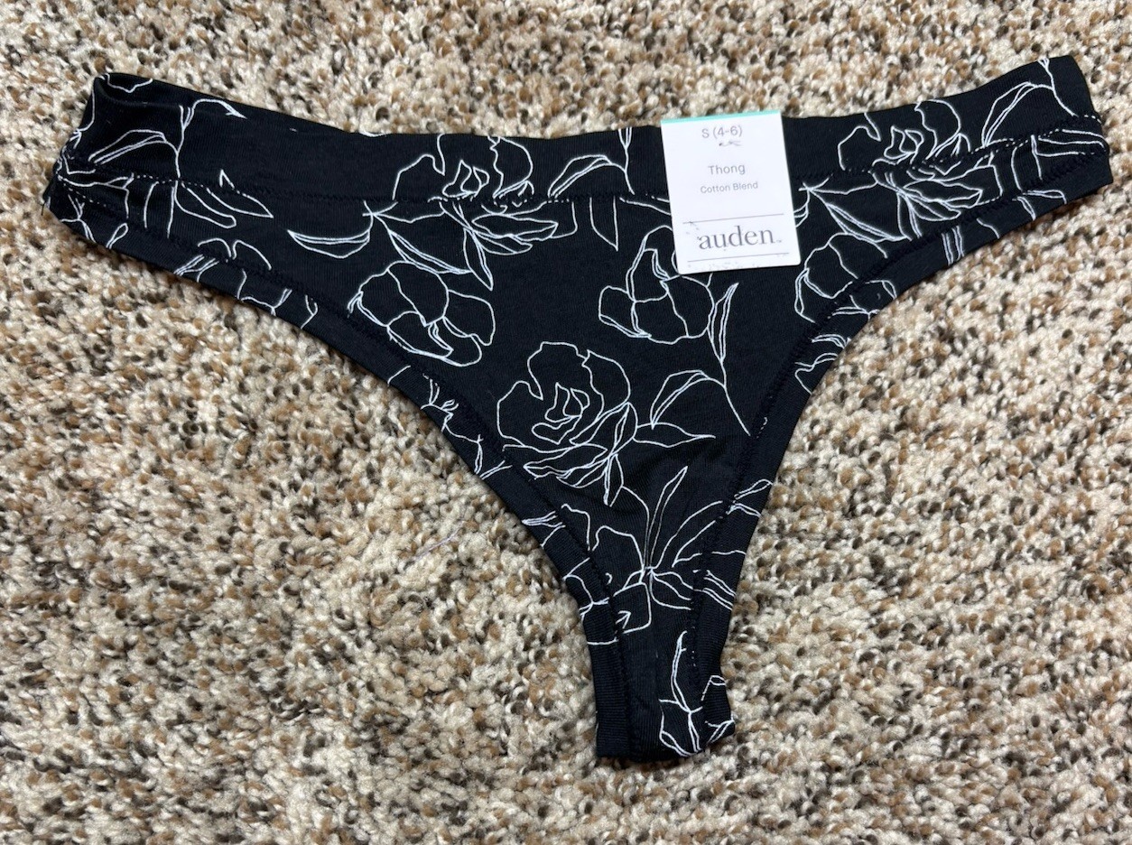 Auden Black Sketched Floral Cotton Blend Thong. Size: S (4-6).