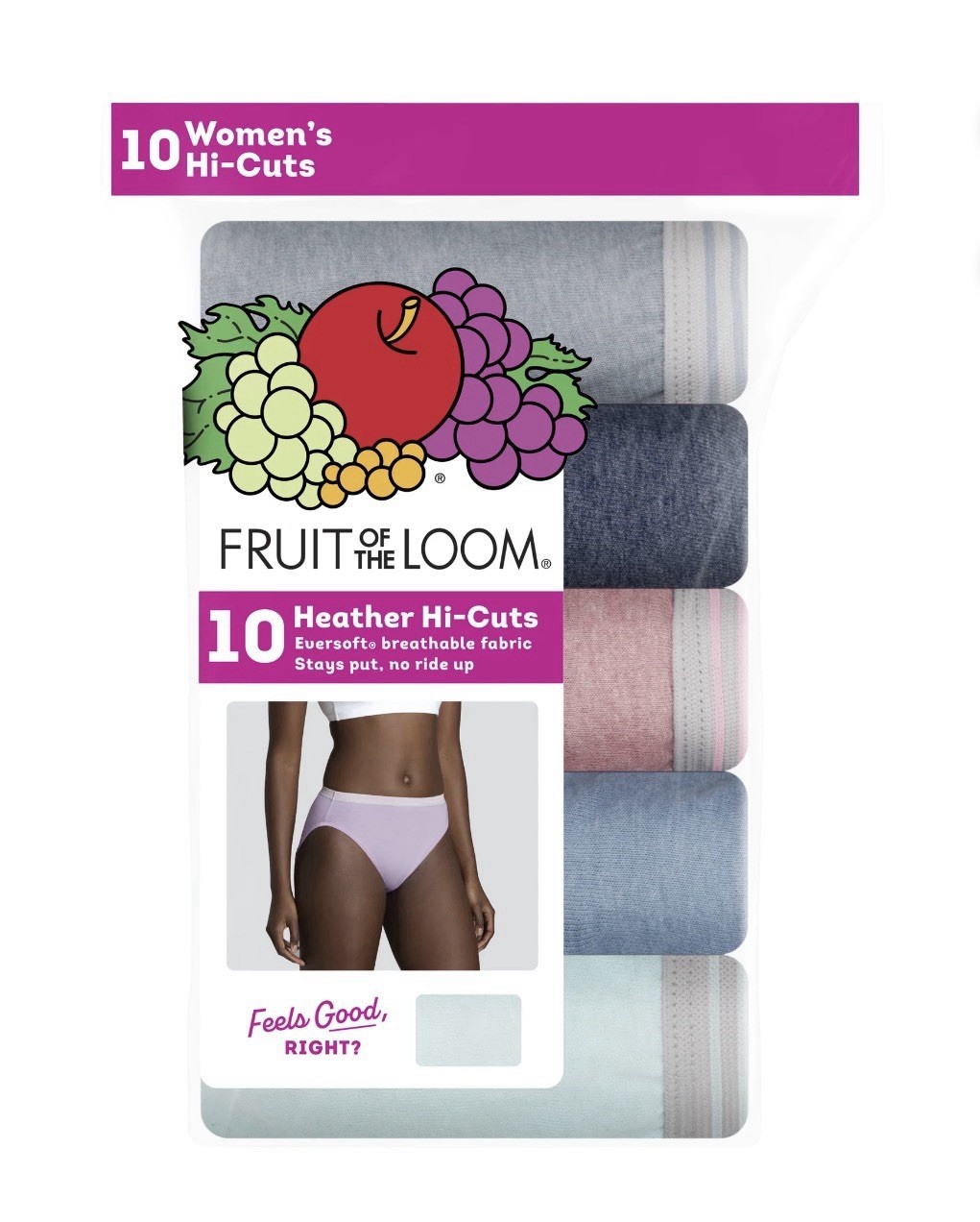10-Pack FRUIT OF THE LOOM Women’s 9/2XL Heather Hi-Cuts Eversoft Panties