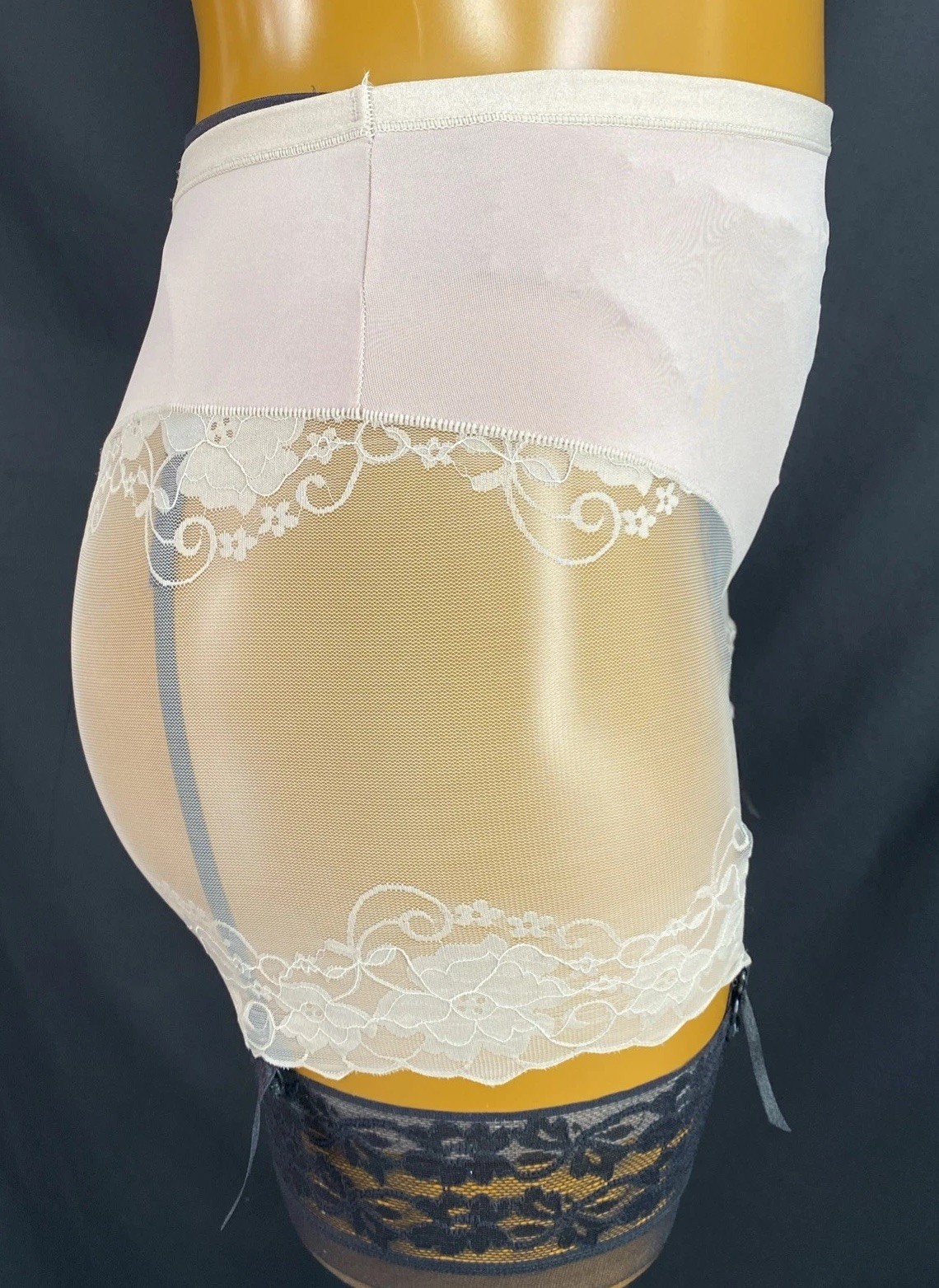 Knickers/Shorts, Nude Slippery Satin Poly, Floral Embroidered Sheer Mesh Size L
