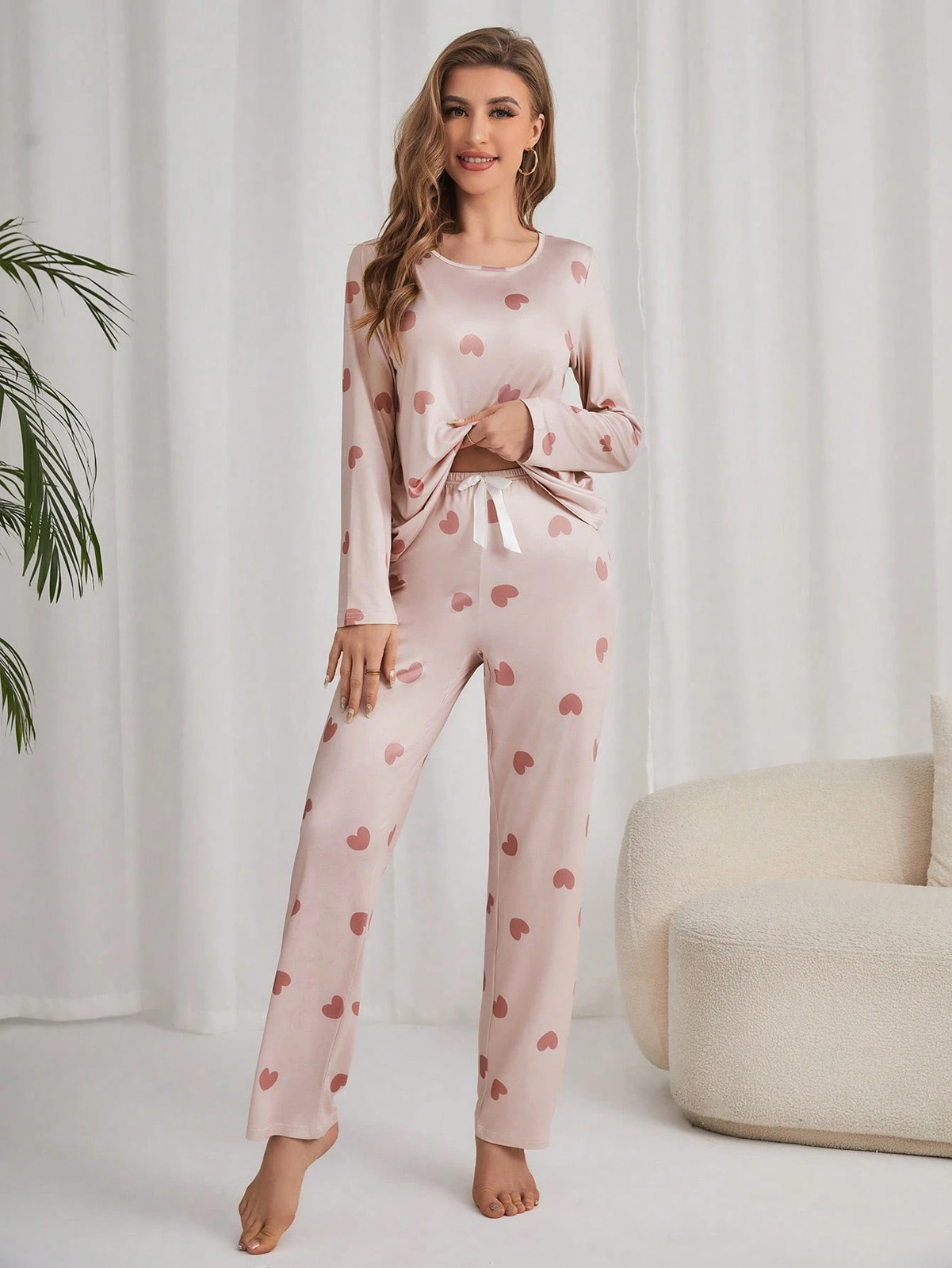 Heart Pattern T Shirt & Pants Pyjama Set Ladies Comfy Loungewear For Cheap24