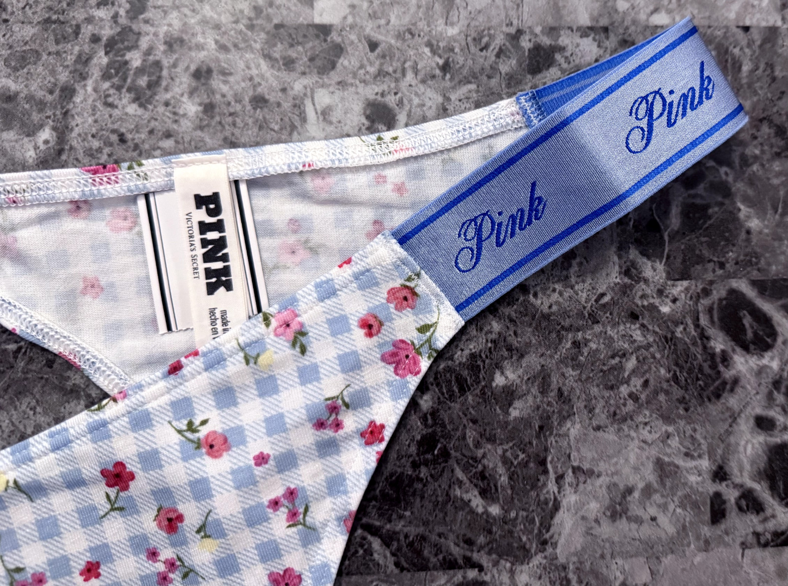 NWT VICTORIA’S SECRET PINK GINGHAM FLORAL THICK LOGO SIDE STRAP THONG PANTIES