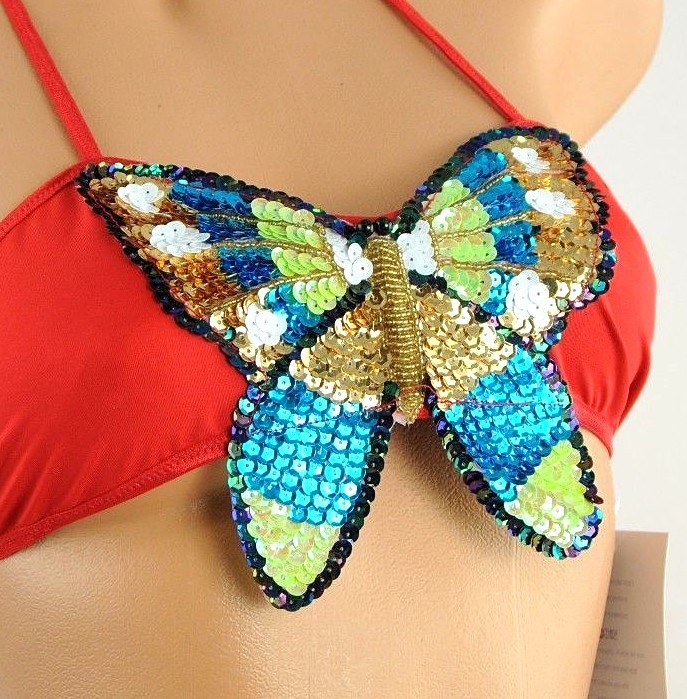 VALENTINES Exotic Sequin Butterfly Sissy Dancer RED Thong & Tie Bra Set M L