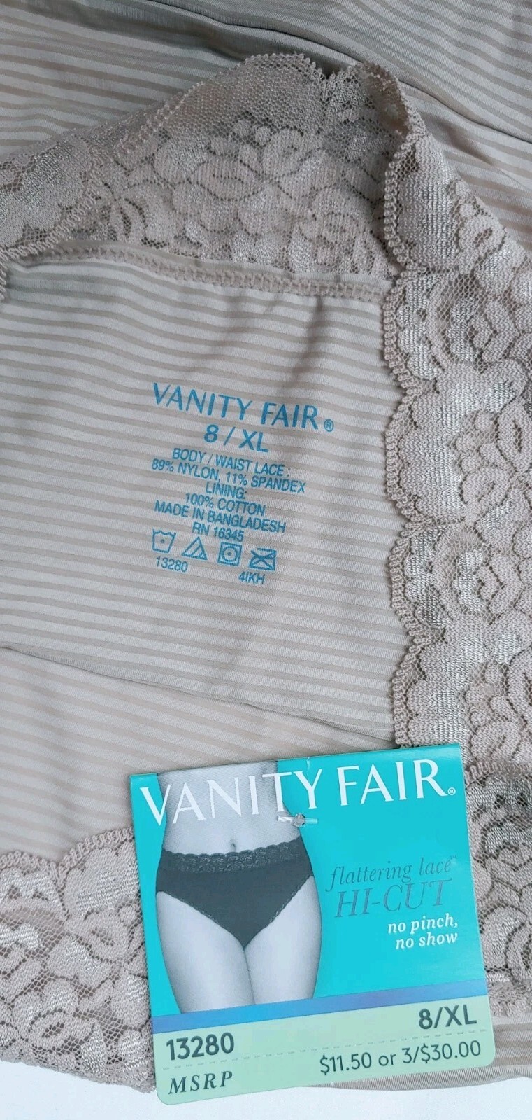 Vanity Fair Flattering Lace Trim Hi-Cut Panties 13280 Taupe Stripe 8XL