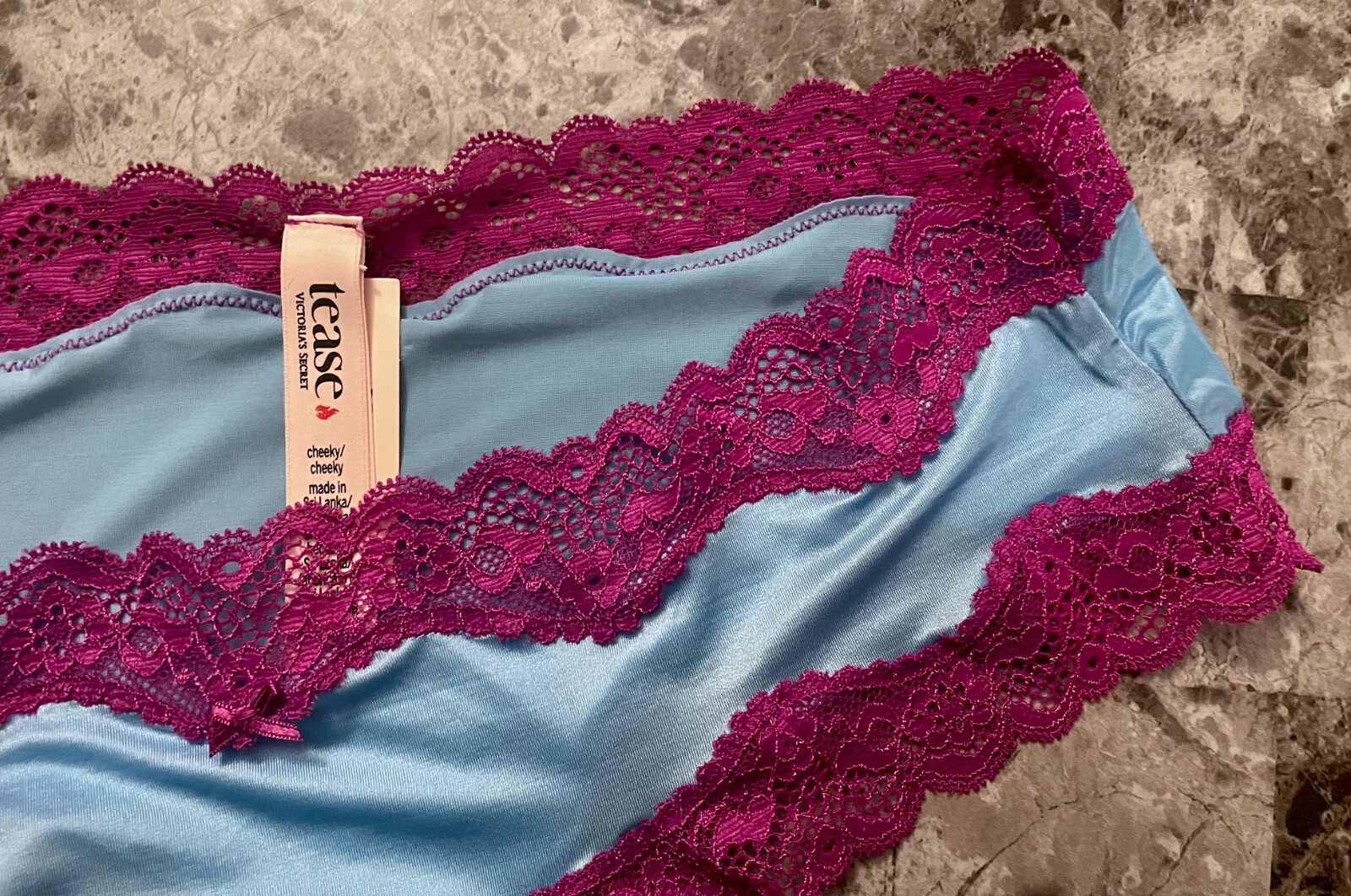 NWT VICTORIA’S SECRET TEASE BLUE SATIN SMOOTH FUSCHIA LACE BOW CHEEKY PANTIES
