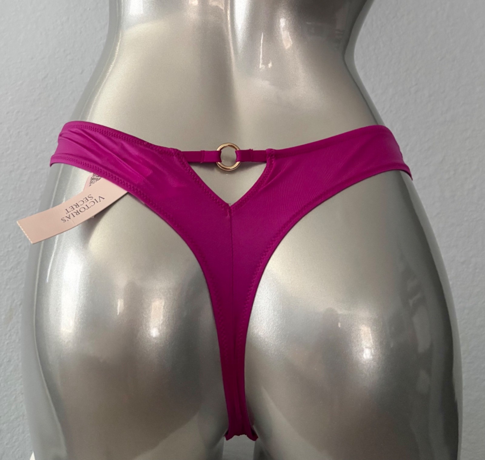 Victoria’s Secret Panty High Leg Thong Pink Open Sexy Strappy Gold Ring M L XL