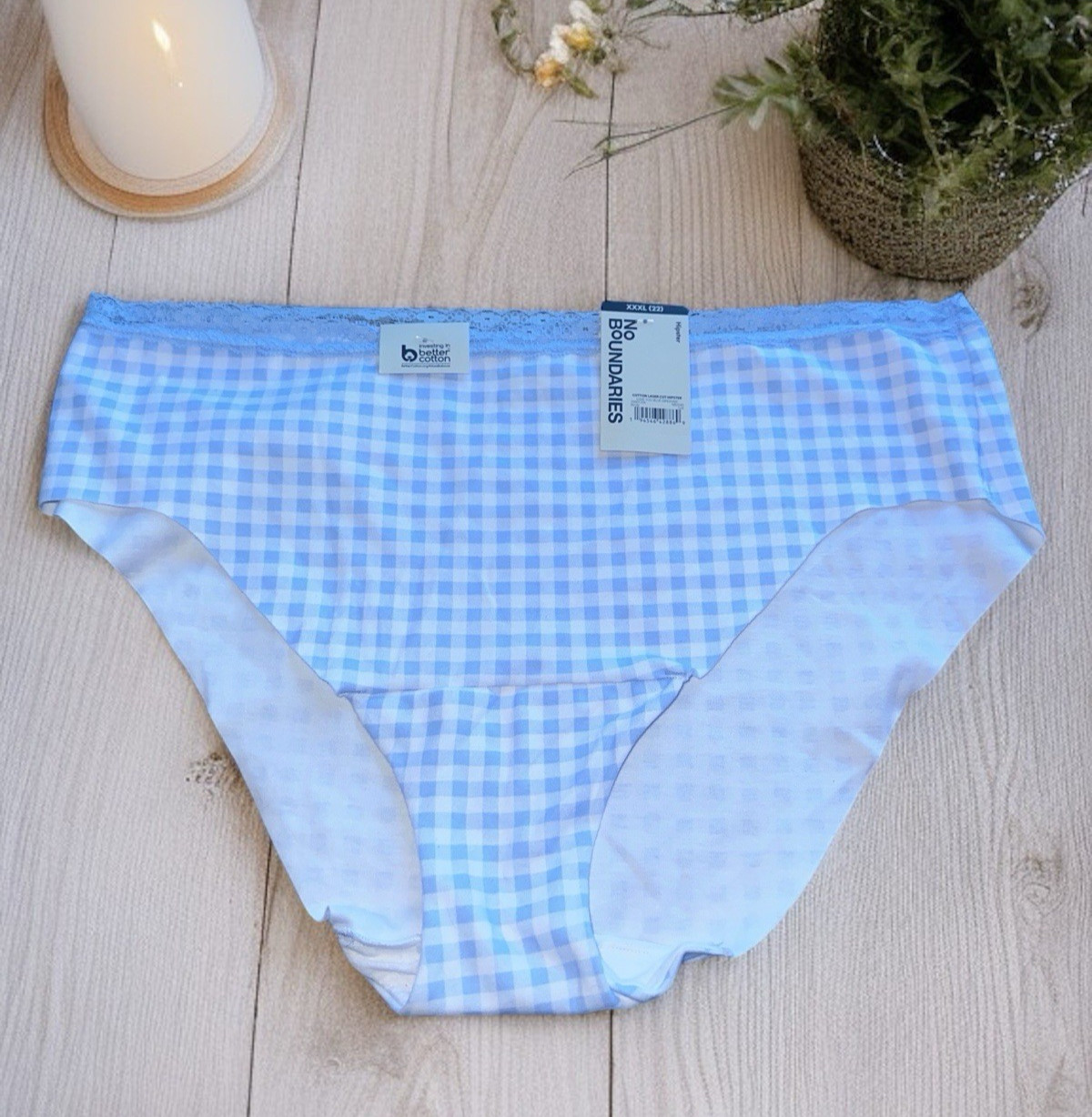 No Boundaries Hipster Panties Lace Trim Plus Size XXXL 3XL Blue Gingham Plaid