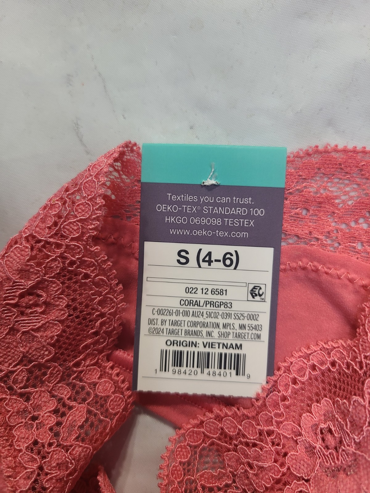 Women’s Luxe Stretch Thong Underwear Lace Waistband Auden’ Coral Size Small