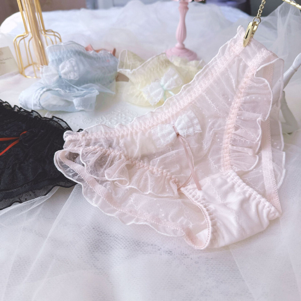 Lady Sheer Lolita Underwear Lace Briefs Knickers Retro Bow Ruffle Mesh Underwear