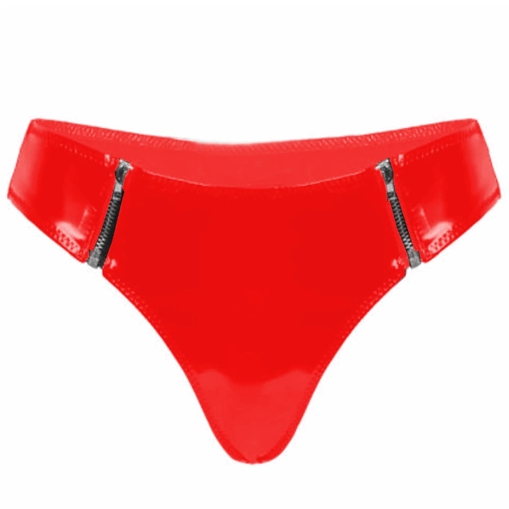 Womens Sexy Pole Dance Panties PVC Leather Low-waisted Front Zipper Sexy Panties