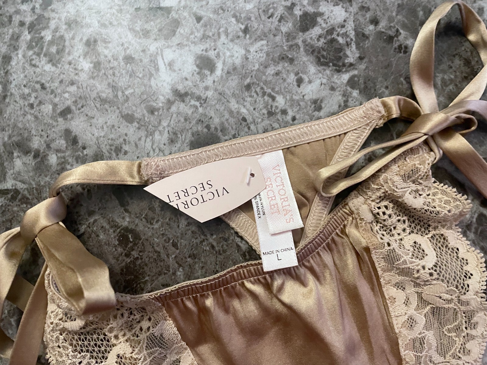 NWT VICTORIA’S SECRET L SMOOTH BEIGE SILK SIDE TIE VINTAGE RARE V STRING PANTIES