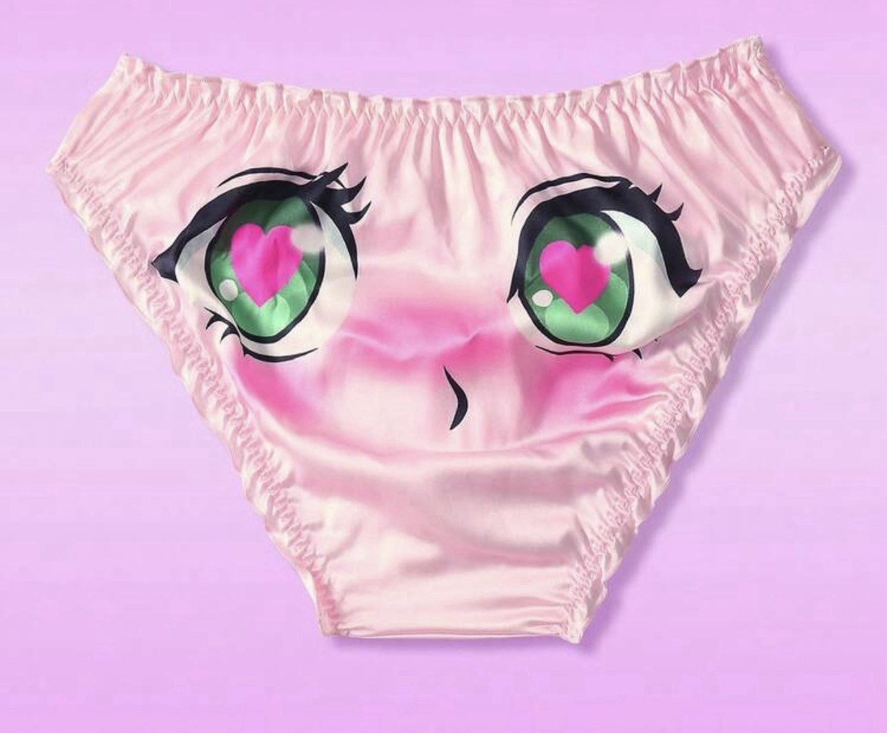 NEW XL Glossy Pink Ruffle Edge Cartoon Anime Eyes Theme Satin Bikini Panties