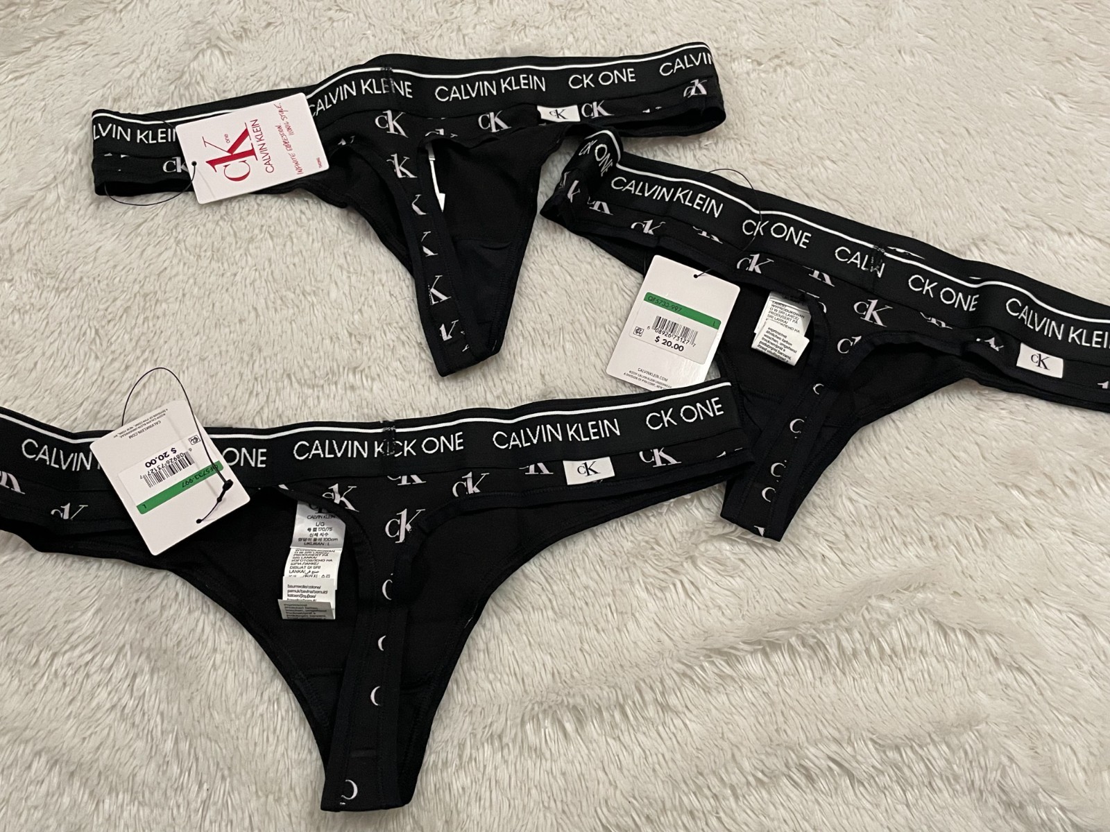 L Rare 2019 CALVIN KLEIN THONG Panty Set Lot CK ONE Logo Waistband Black White