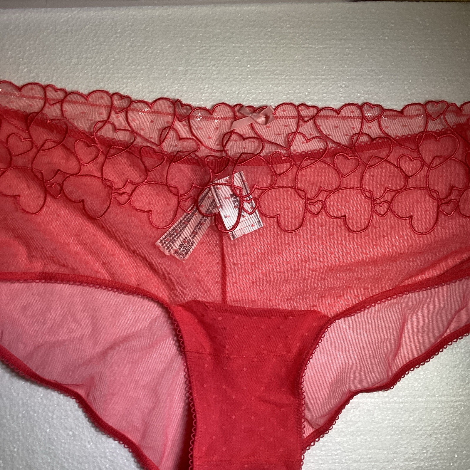 PINK Women’s Pink Sheer Stretch Mesh Heart Pattern Hipster Panties, Size L
