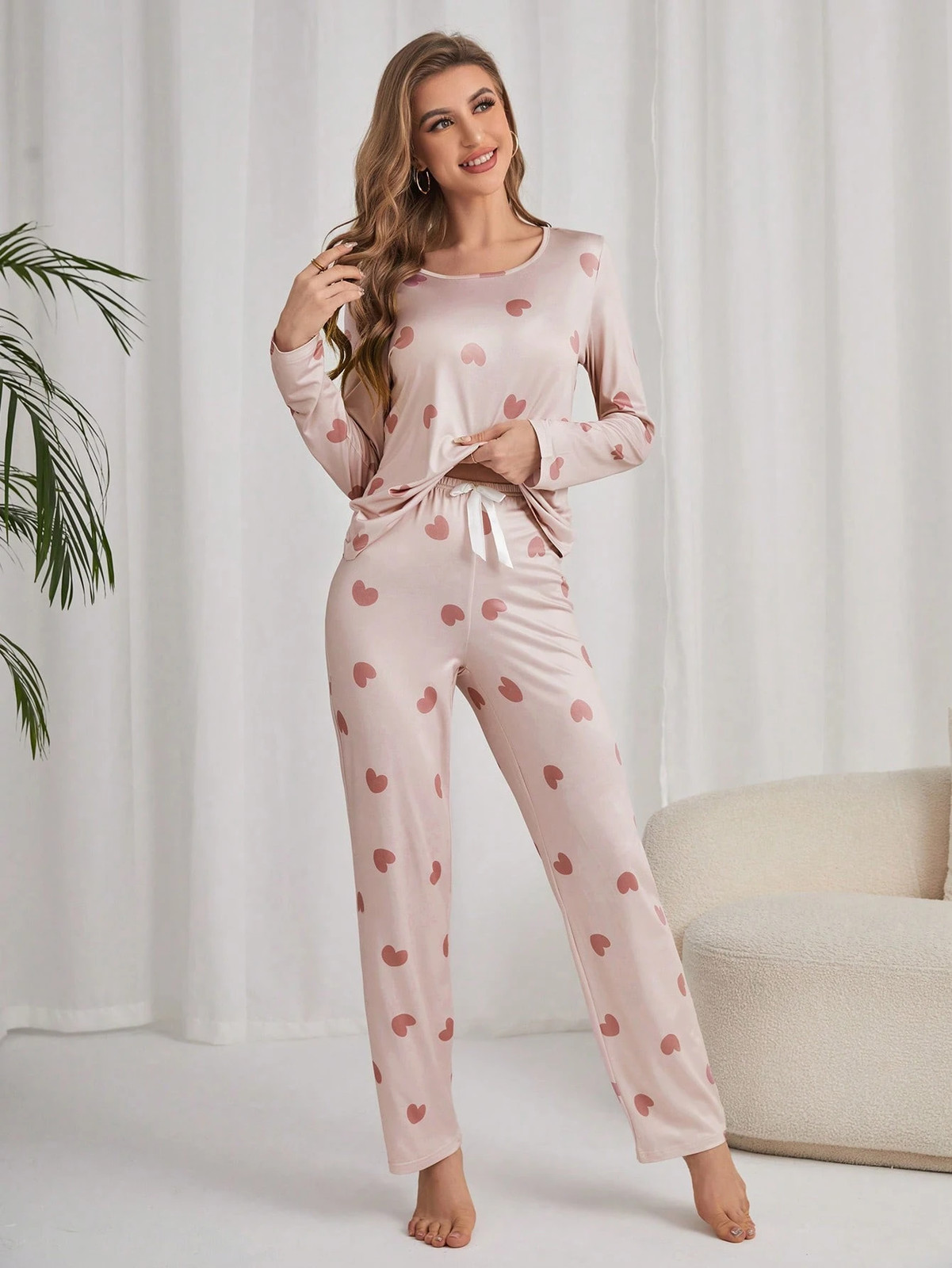 Heart Pattern T Shirt & Pants Pyjama Set Ladies Comfy Loungewear For Cheap24