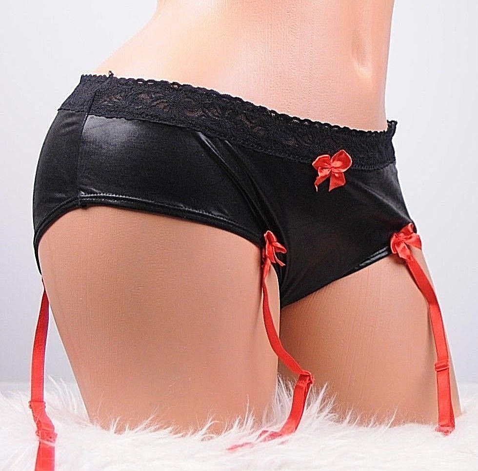 Sissy Shiny wetlook latex VINYL stretch black garter VALENTINES panties M or L