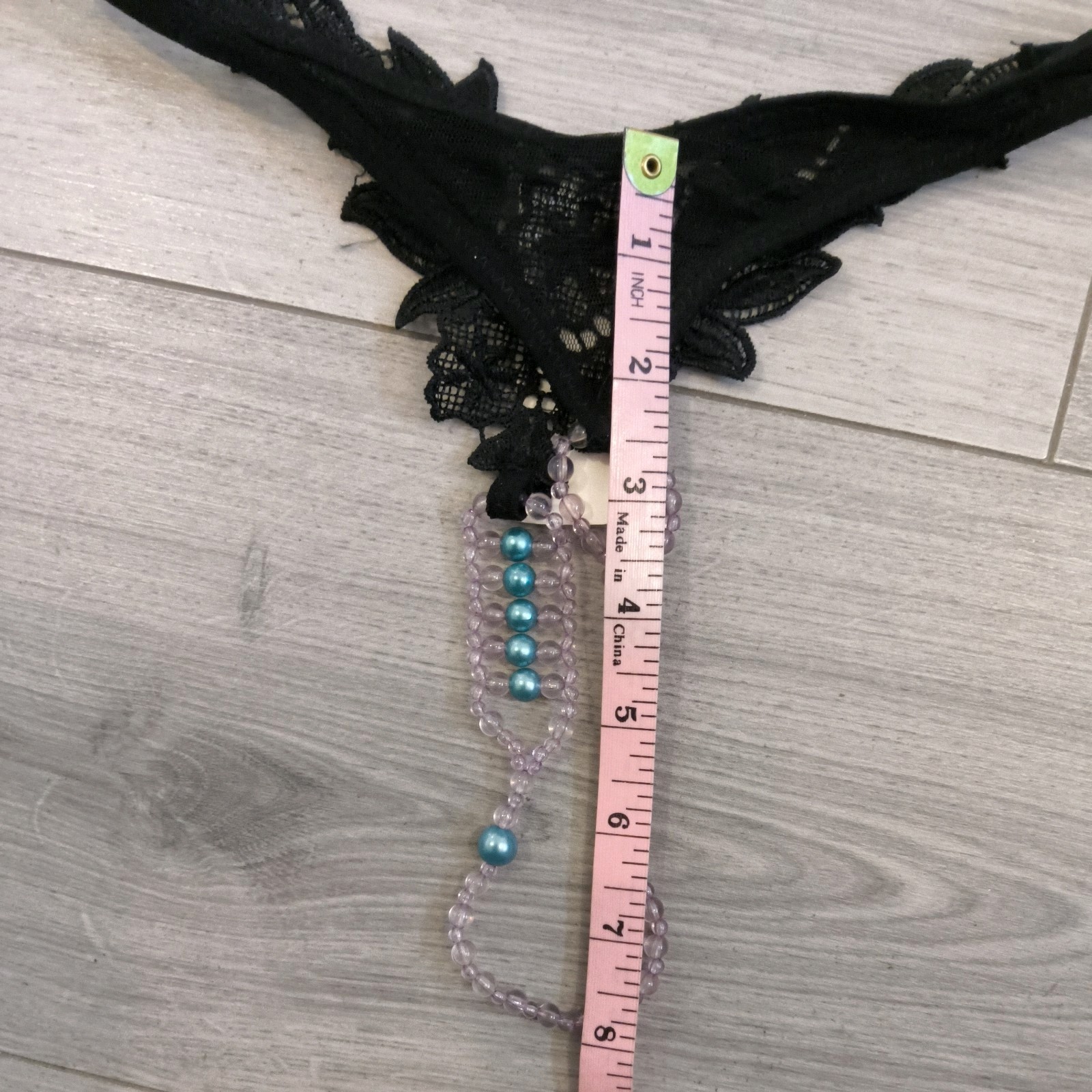 BNWT Bixtra Black Embroidered G String Thong Bead Chain Crotch Size 6-8
