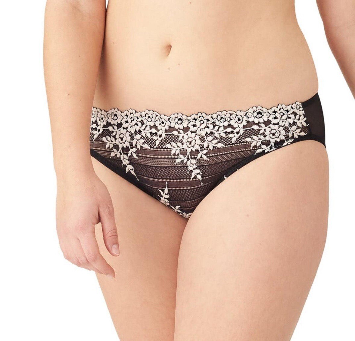 WACOAL 64391 BLACK / WHITE EMBRACE LACE SEMI SHEER BIKINI PANTIES ~ SIZE LARGE
