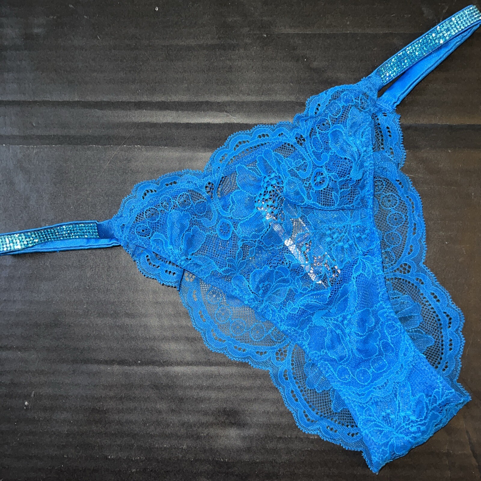 Victoria’s Secret M Panty Brazilian Slip NEON Blue Lace SHINE STRAP VERY SEXY