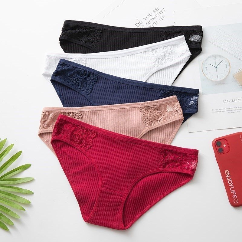 Spandex Cotton Underwear-Solid Plus Size Briefs Lace Mid-Rise Sexy Women Panties