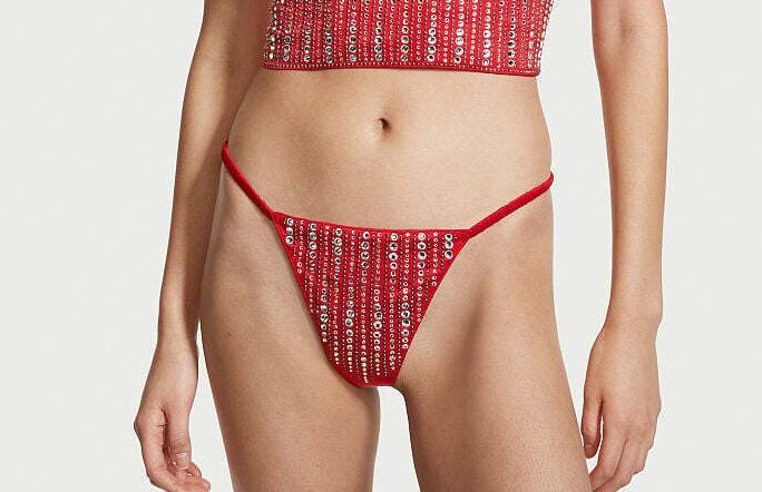Ruched Strap Shine V-String THONG Panty RHINESTONE Embellished RED DREAM ANGELS