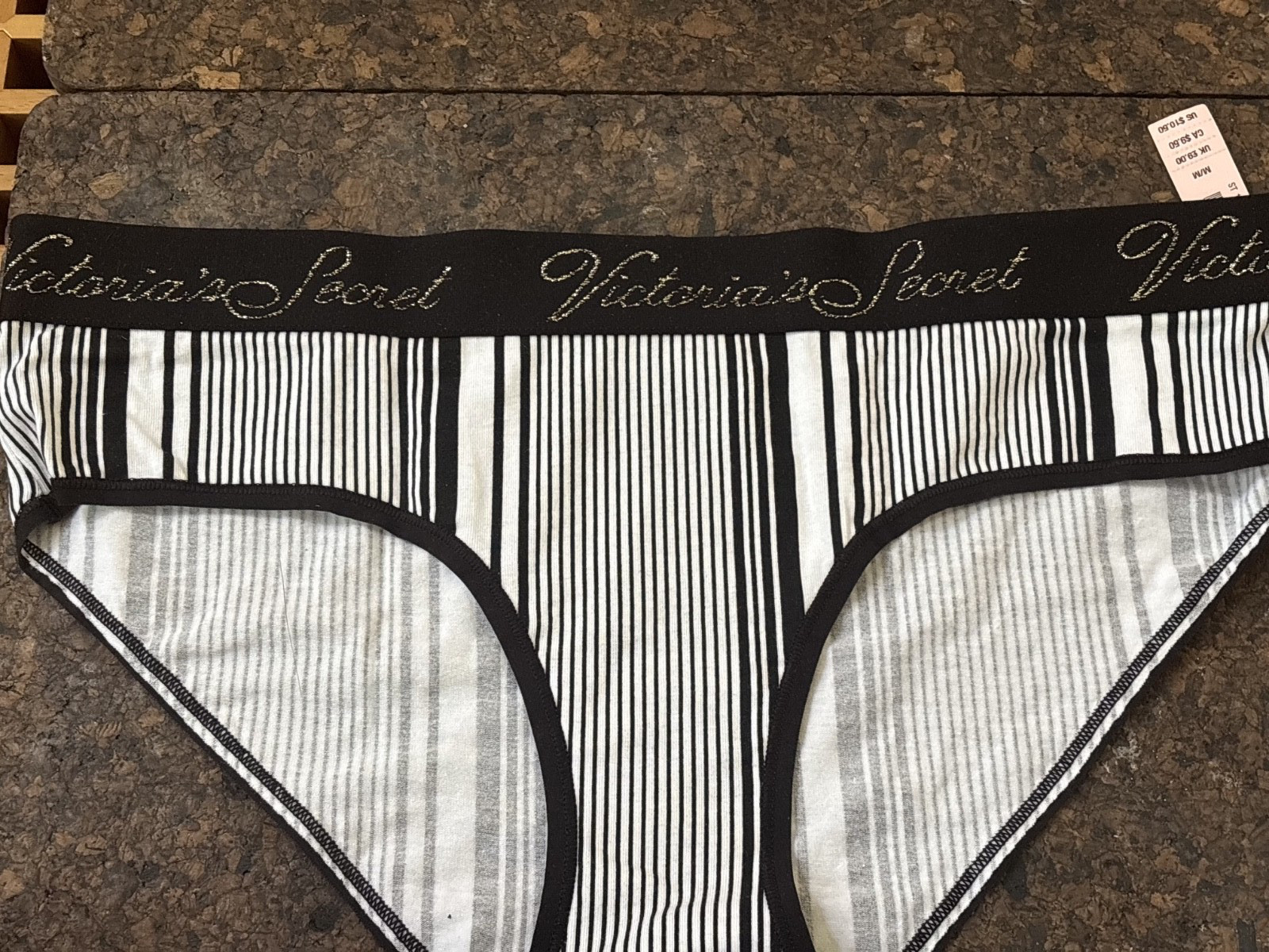 3 VS NWT Medium Rare Logo Lace Hiphugger Panties Black White Gold Premium Indiv.