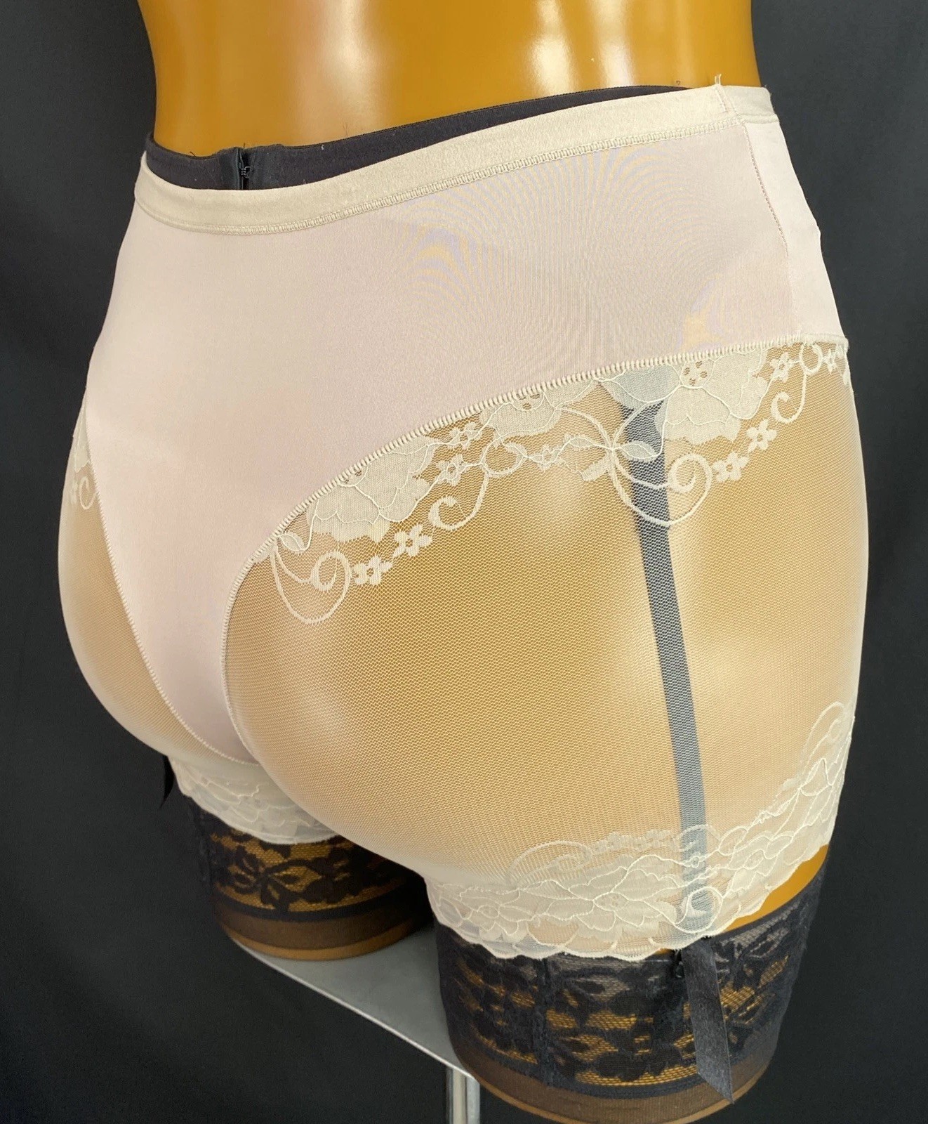 Knickers/Shorts, Nude Slippery Satin Poly, Floral Embroidered Sheer Mesh Size L