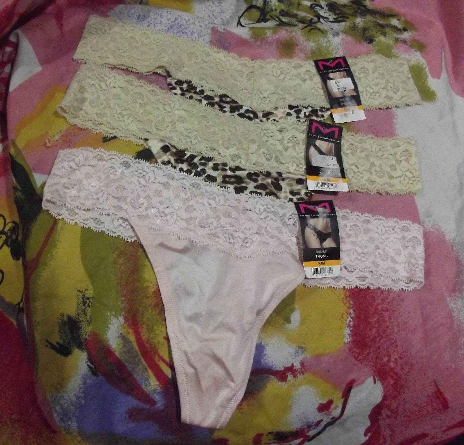 3 NEW MAIDENFORM DREAM 40156 X08 MICROFIBER LACE WAIST THONG PANTIES S/M