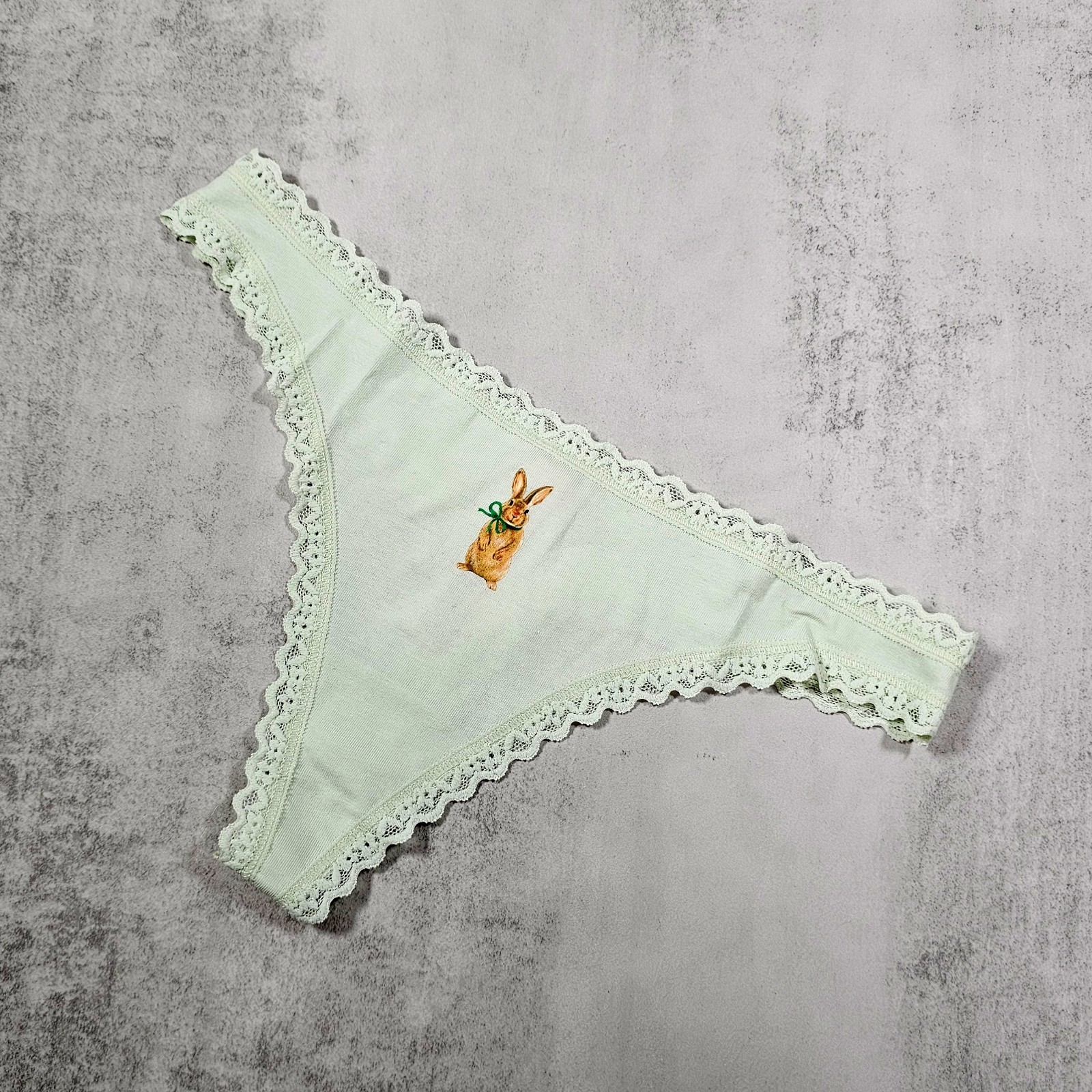 Victoria’s Secret Cotton Modal Thong with Lace Trim and Bunny Print, Mint Green