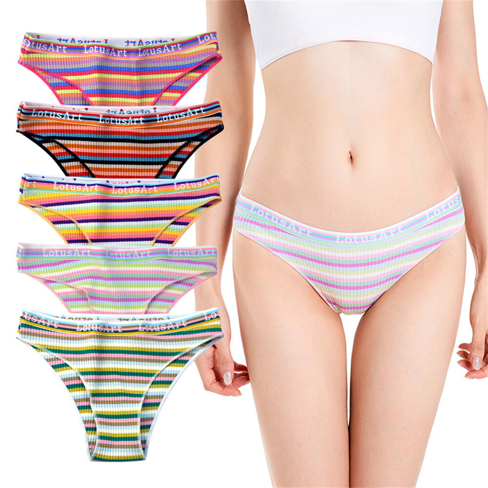 5pcs/lot Sexy Rainbow Stripe Women Cotton Panties T Back Stripe Briefs Underwear