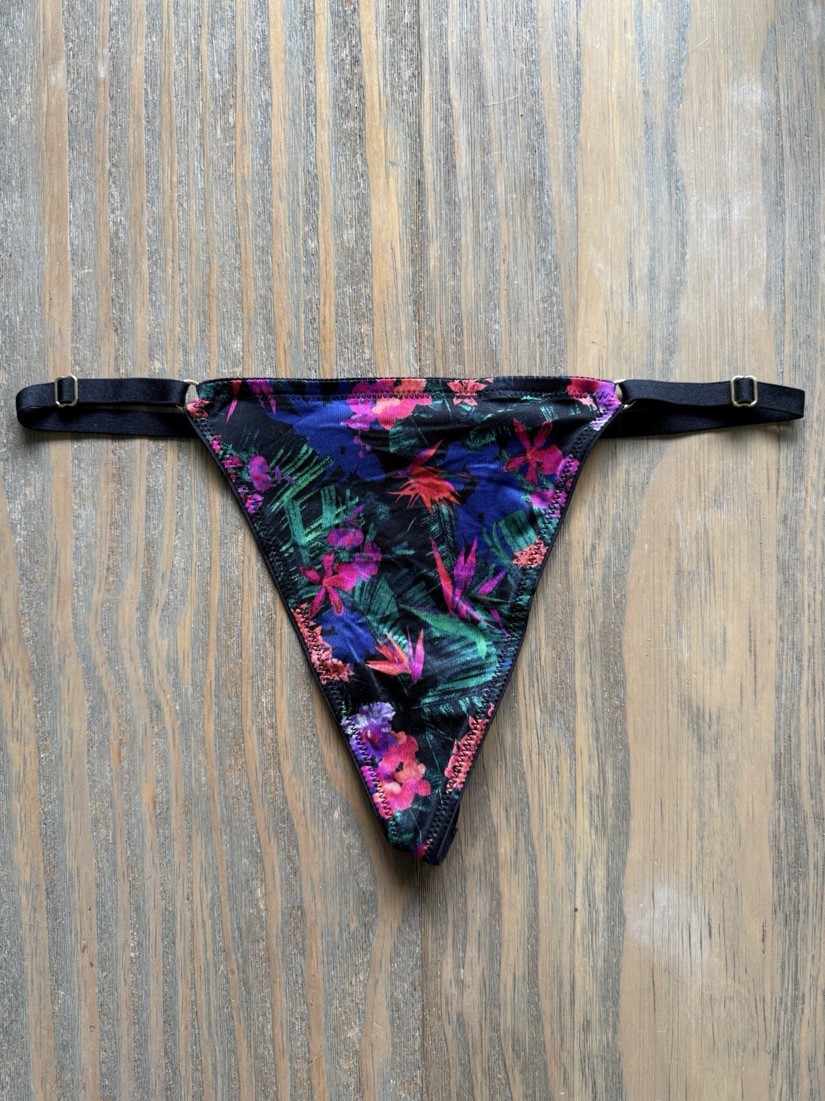 Victoria’s Secret Bright Tropical Black Satin Very Sexy V-String Thong Panty M