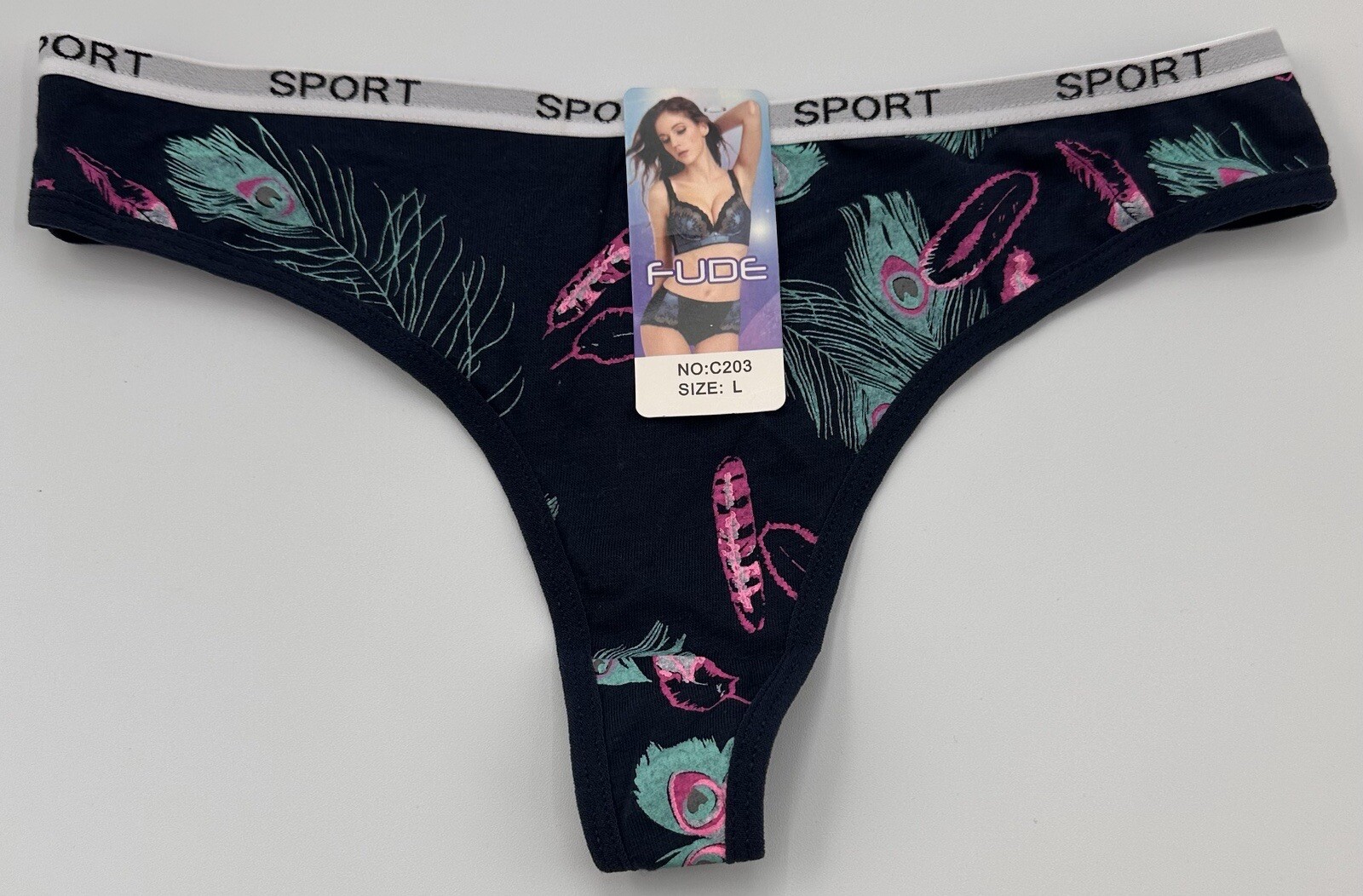 Sport Fude Peacock Design Thong Panties 95% Cotton 5% Spandex Size Large “NEW”
