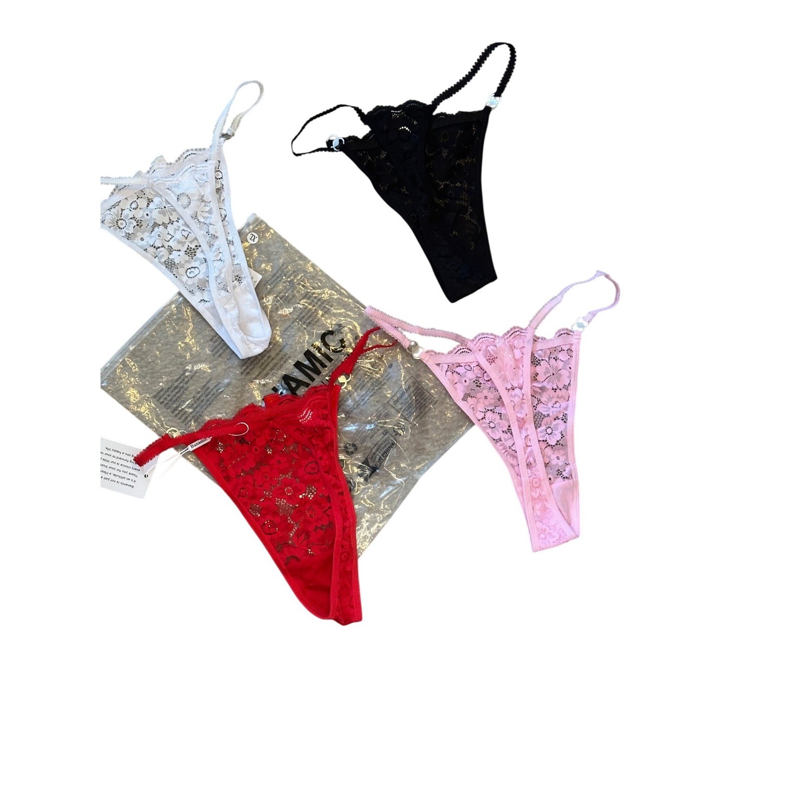 Banamic Lace Thong Panty Set 4 Pack Black White Red Pink