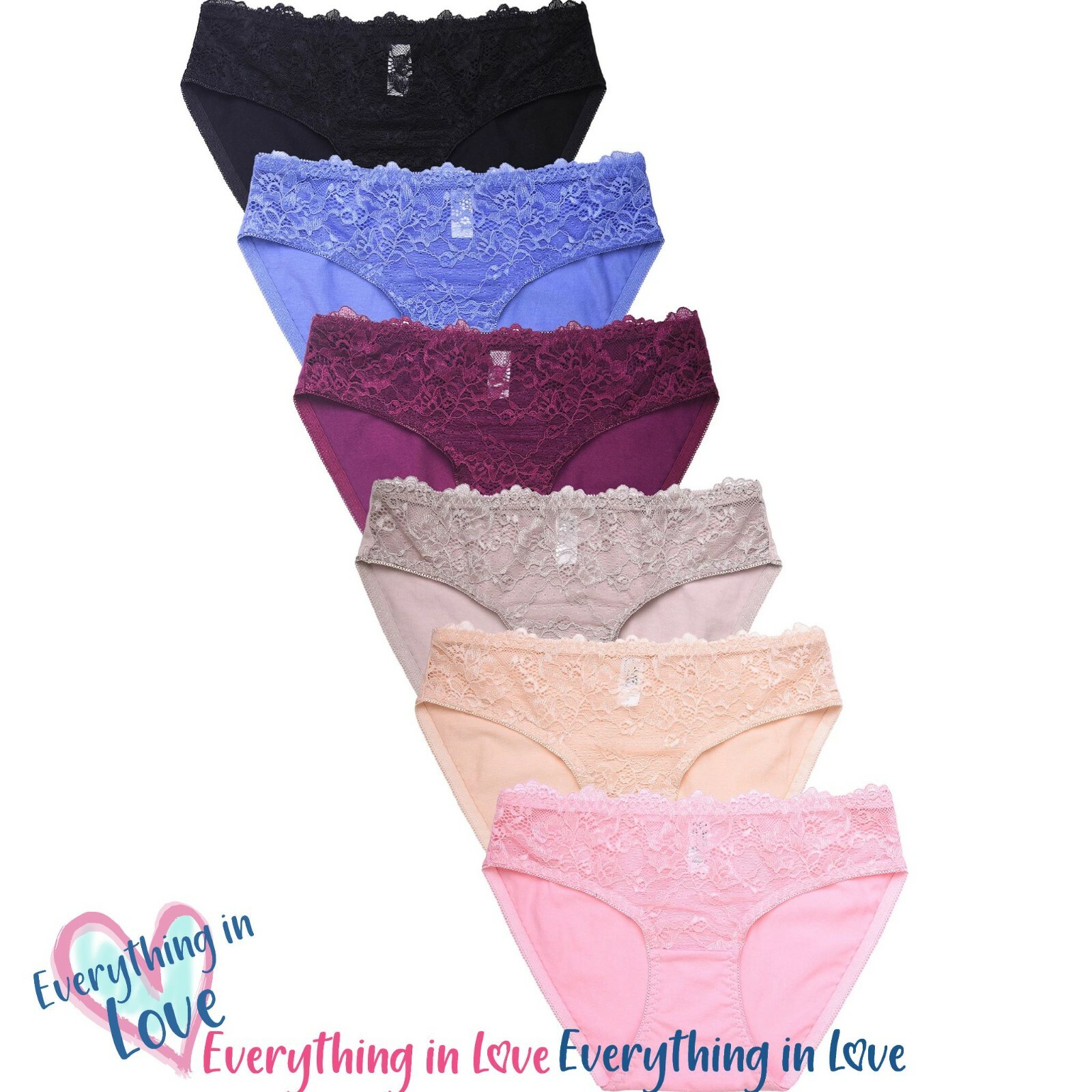 6 Pack Women Ladies Stretch Lace Front Comfortable Cotton Bikini panty Underwear