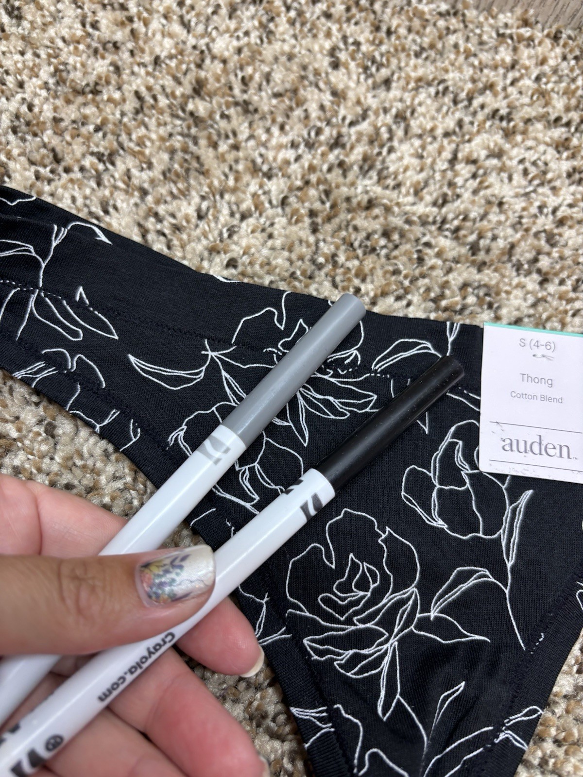 Auden Black Sketched Floral Cotton Blend Thong. Size: S (4-6).