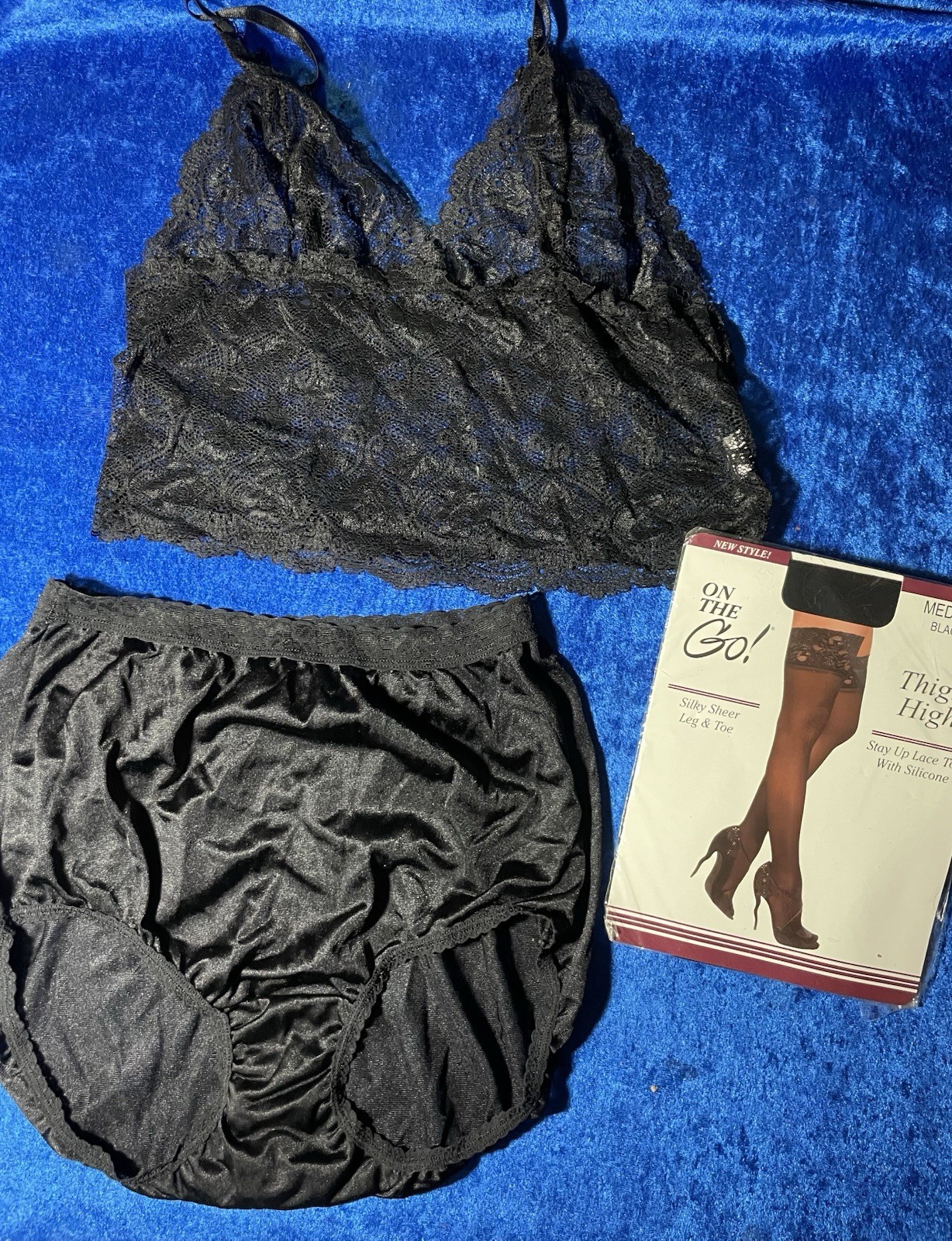 Black Nylon Lace Lingerie Lot Vanity Fair Panties, Cami, Thigh High Stockings M