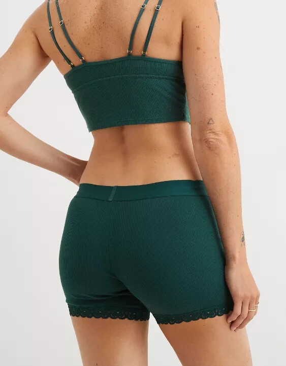 American Eagle Aerie Cotton Cozy Lace Boyshort Panties MEDIUM Dark Green New