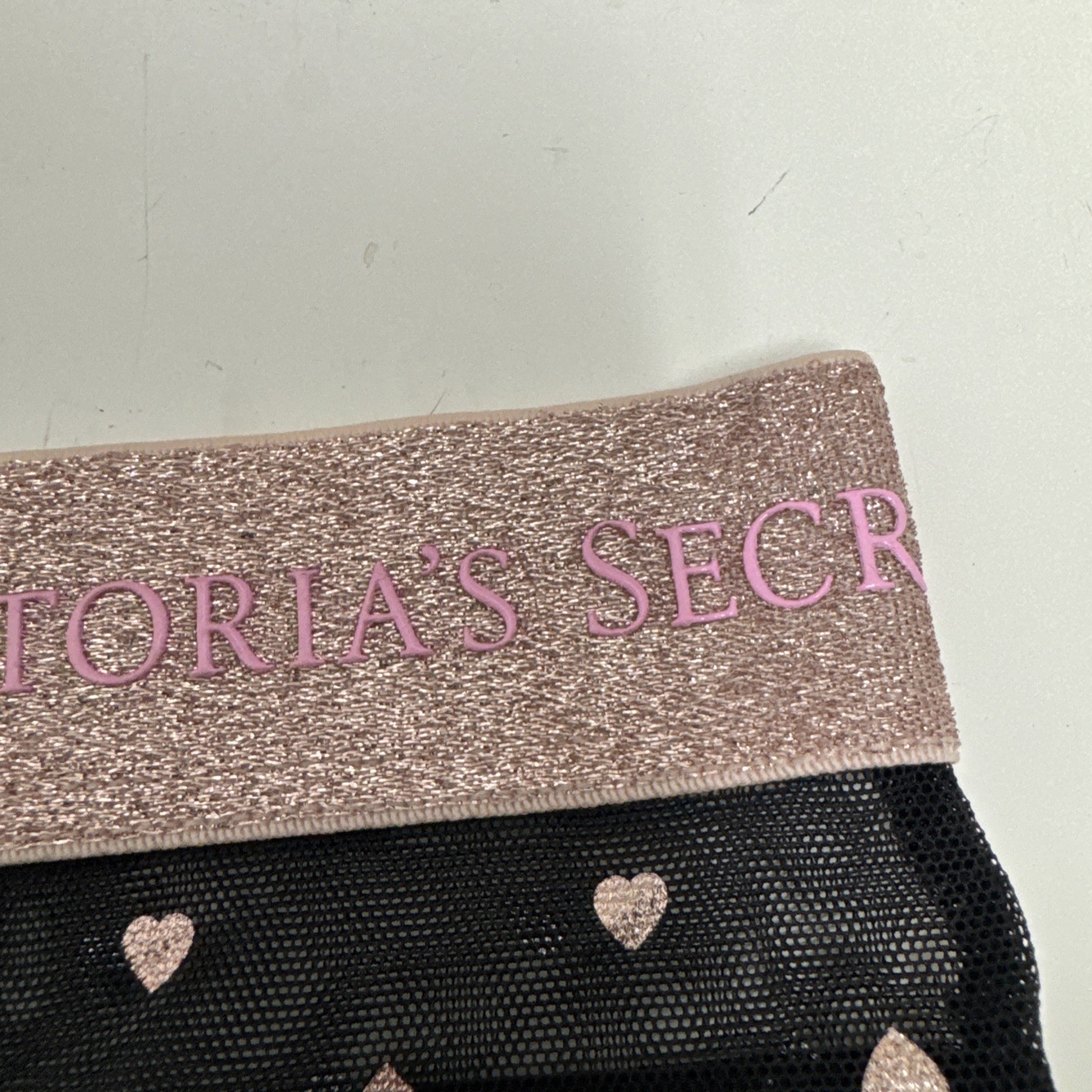 Victoria’s Secret Black Polyester Mesh Pink Glitter Band Thong Panties Sz XL New