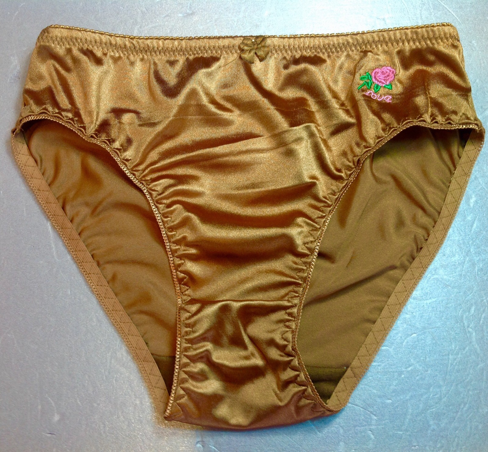Women Panties Bikinis GRACE Size XL.Bronze Brown NylonSatin W/Decoration Elastic