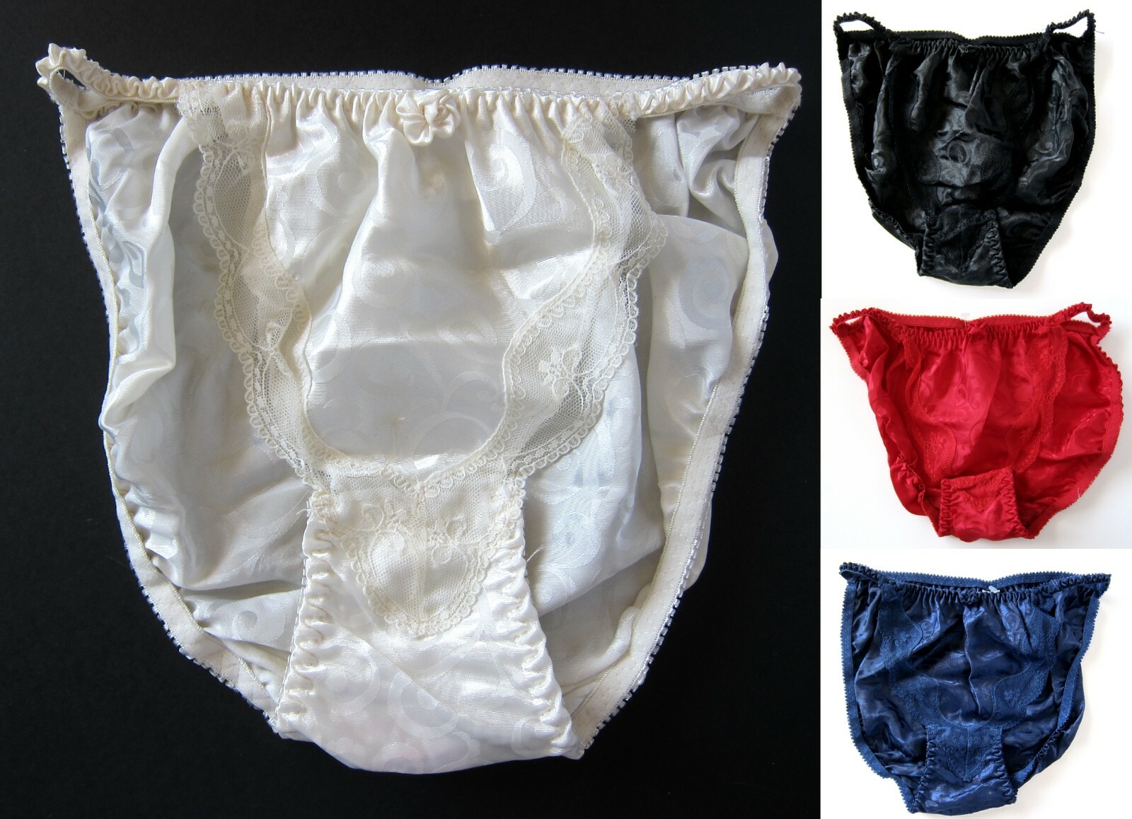 1 NEW VTG 100% Polyester Satin String Bikini Floral Lace Panties SZ S, M, L