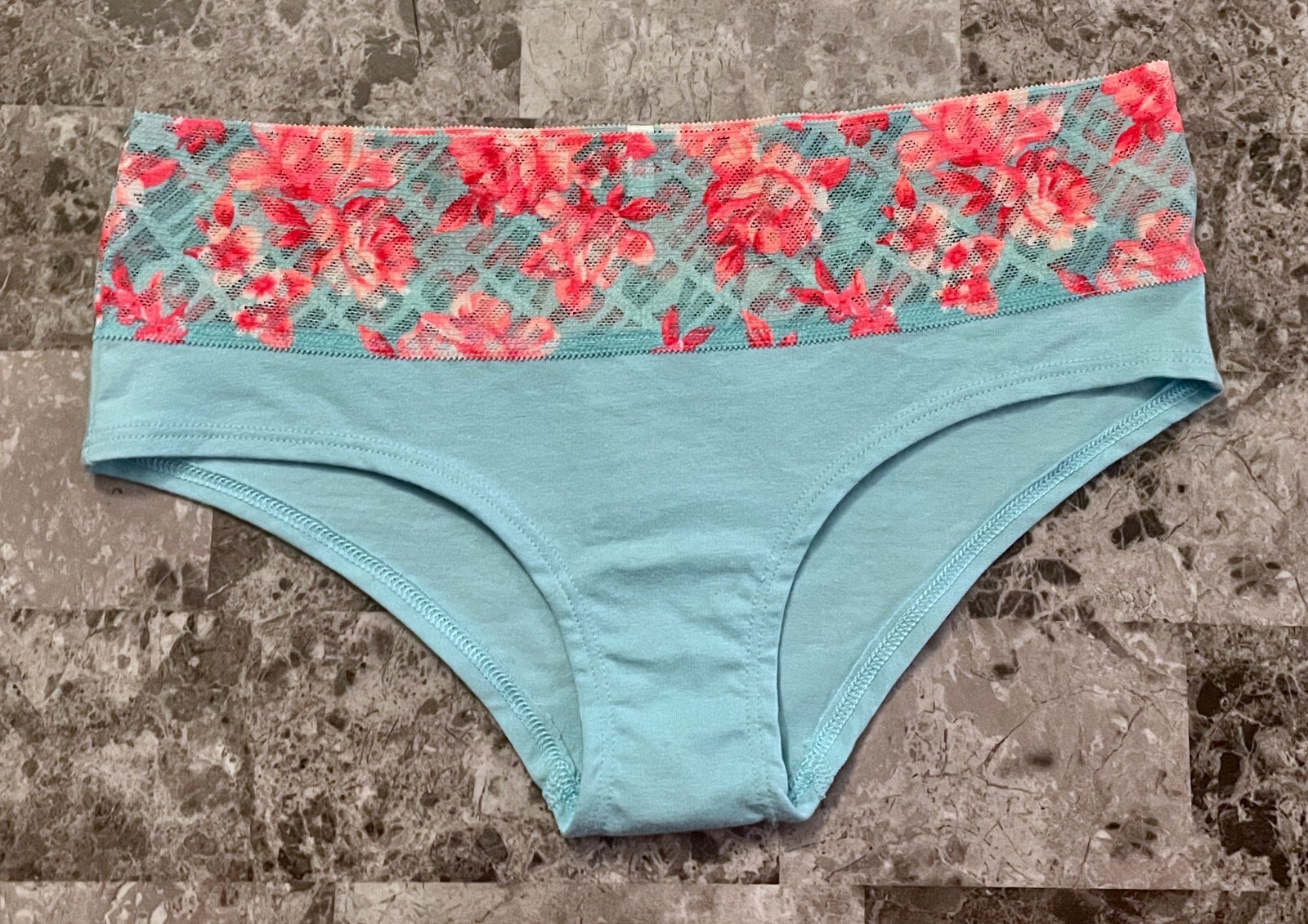 NWT VICTORIA’S SECRET PINK S BLUE CORAL FLORAL LOGO MESH RARE HIPSTER PANTIES