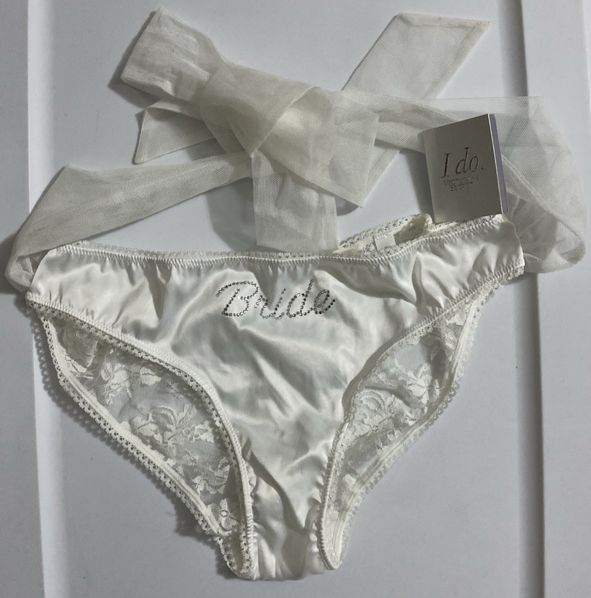 Victorias Secret I DO White Bride Bikini Panties Small Satin Lace V Lace-up Back