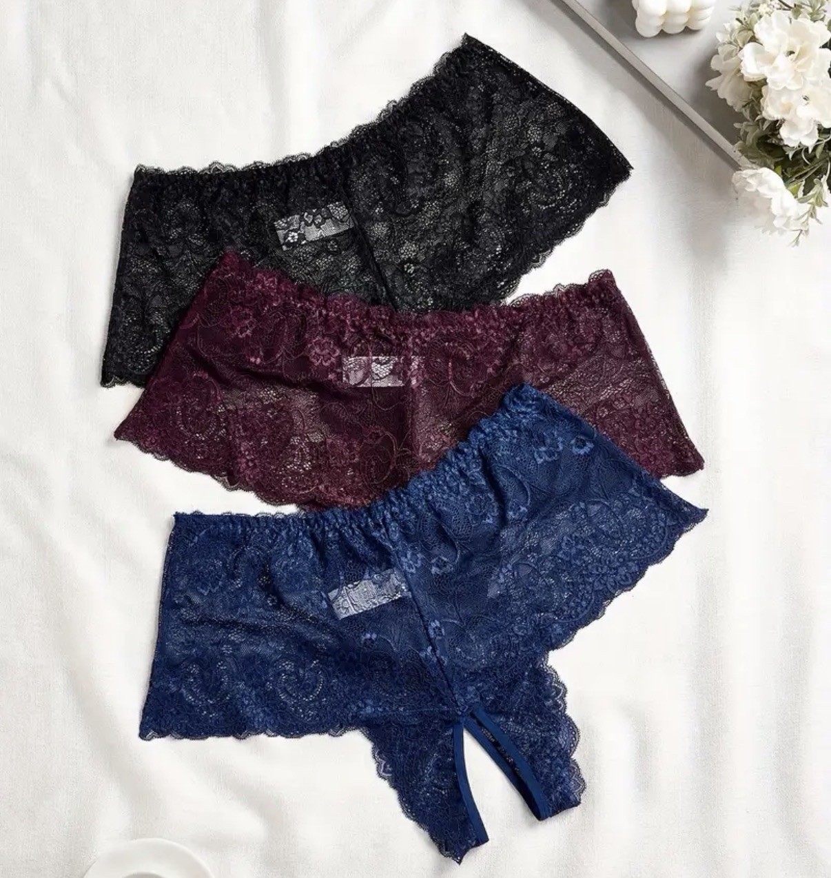 Woman’s Stretchy Soft Lace Blue Purple And Black Crotchless Panties 3 Pack – 2X