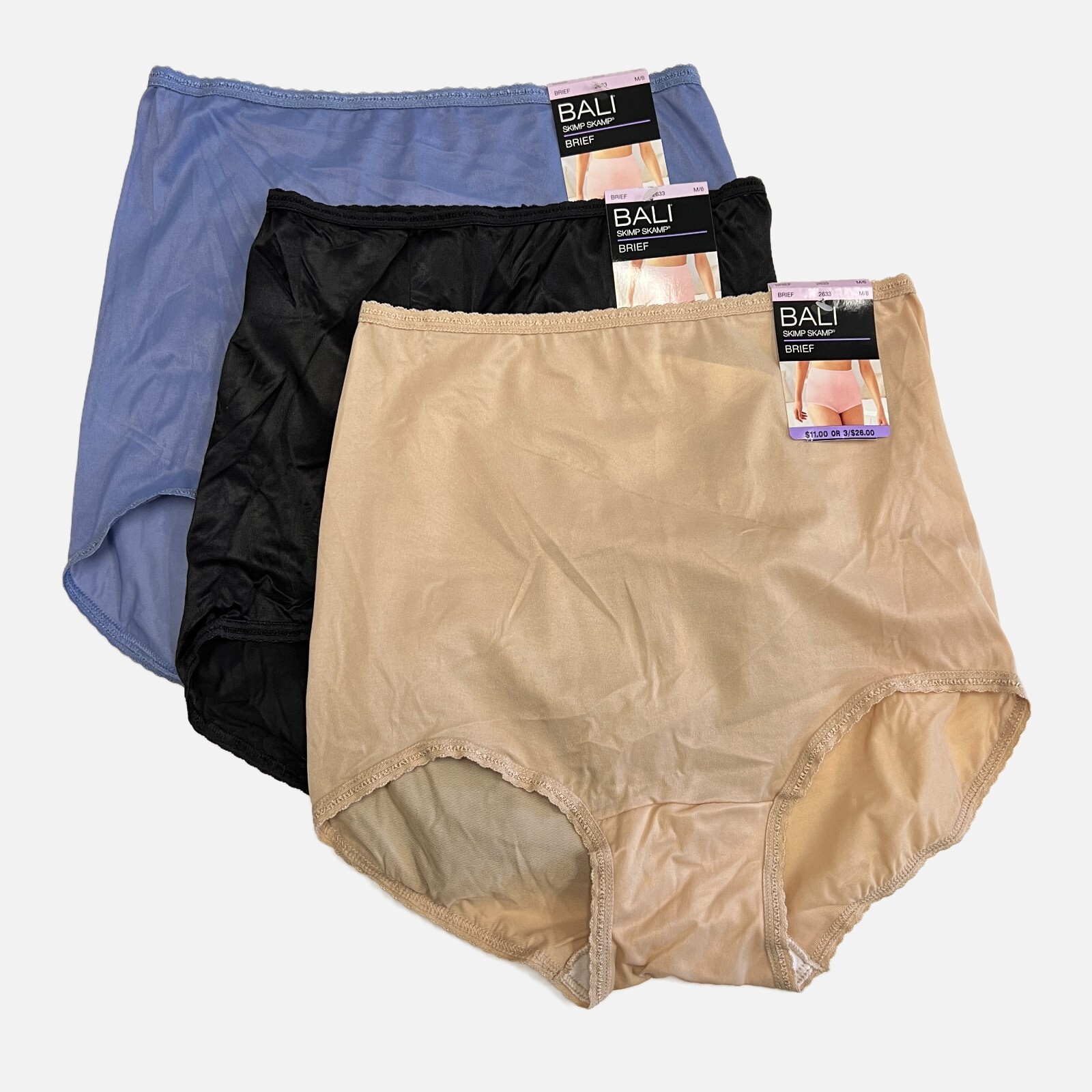 3 Bali Skimp Skamp Brief Panty M 6 MEDIUM Full Coverage Nylon Panties NWT 2633