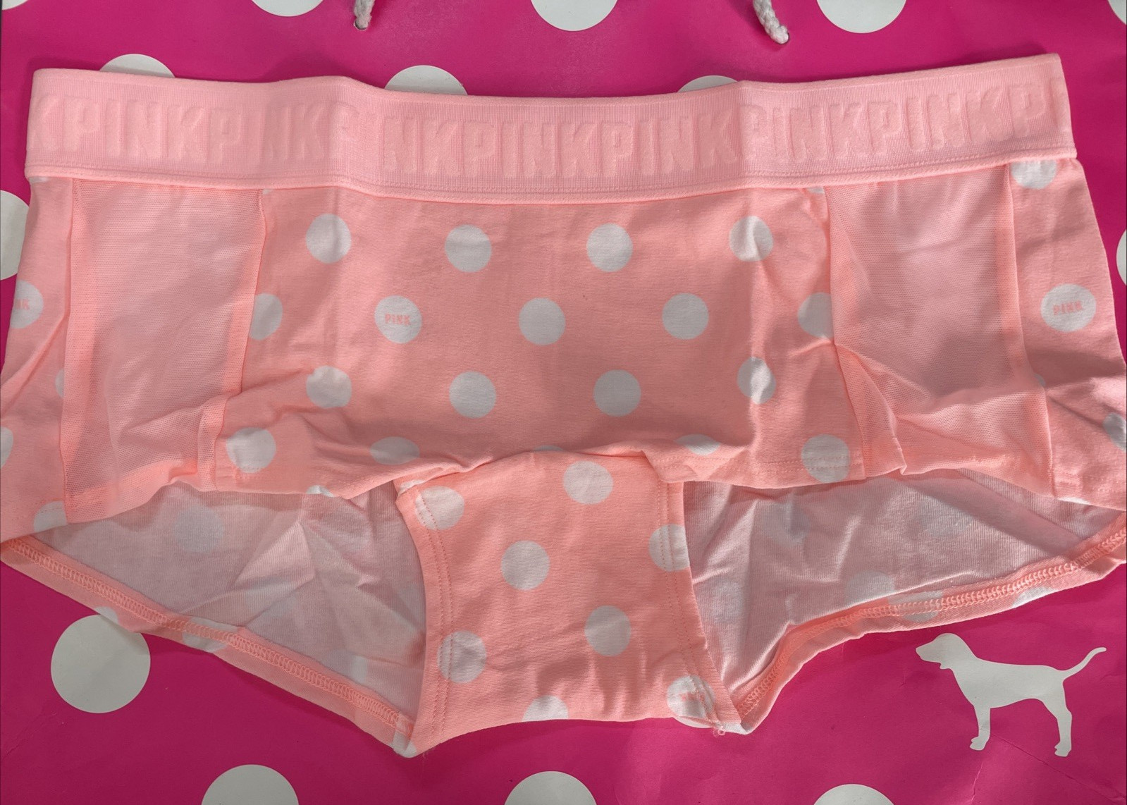 2018 Victoria Secret PINK M Wide Logo Band Boyshort PANTIES Peach Polka Dots