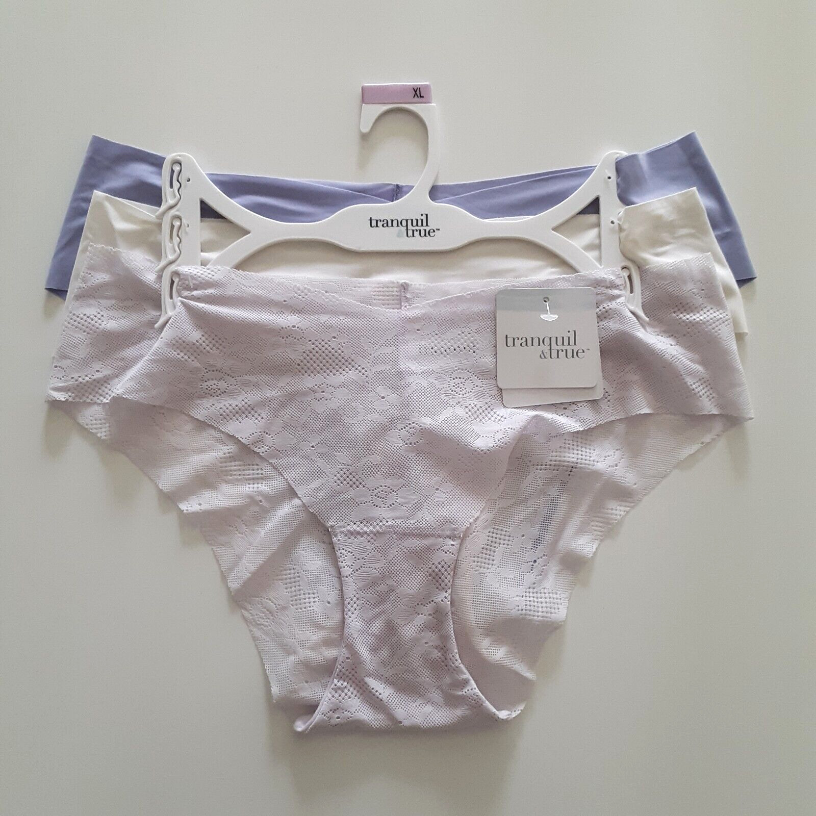 Tranquil & True Womens Size XL Cheeky Panties Matte Lace Purple Ivory 3 Pack