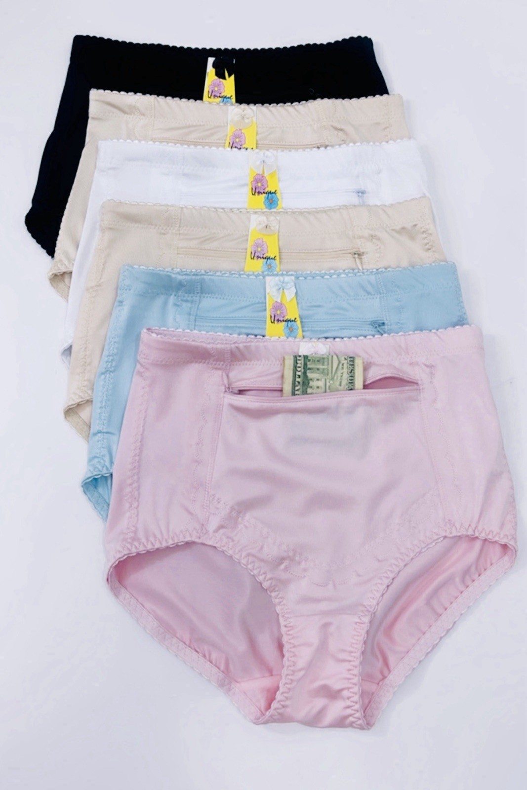 6 HIGH WAIST BRIEFS GIRDLES PANTIES TUMMY CONTROL ZIPPER TRAVEL SAFE POCKET Sz L
