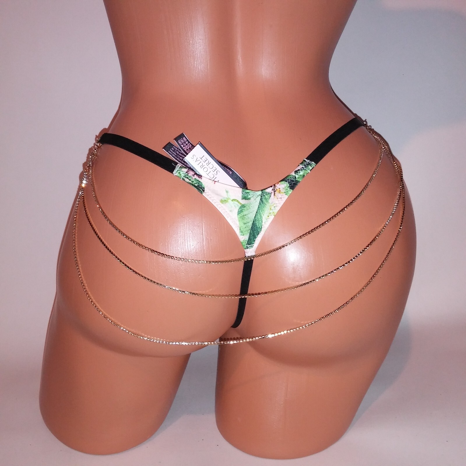 Victoria Secret Panty V String Thong Tropical Floral Chain Straps Rhinestone