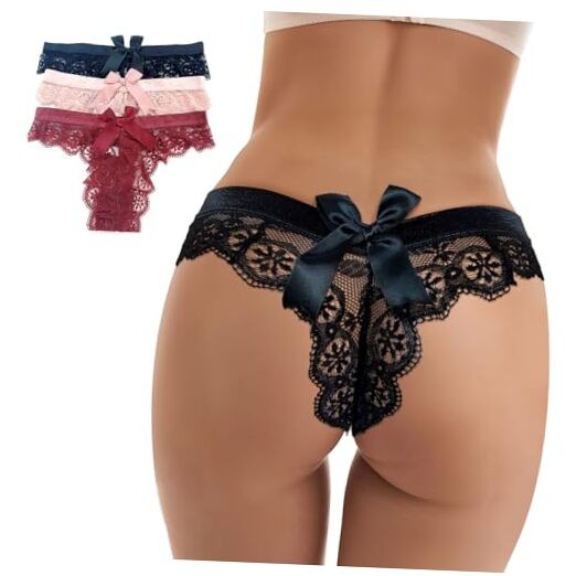 3 Pack Women’s Lace Thong Underwear with Bows, Sexy X-Large Black & Red & Pink