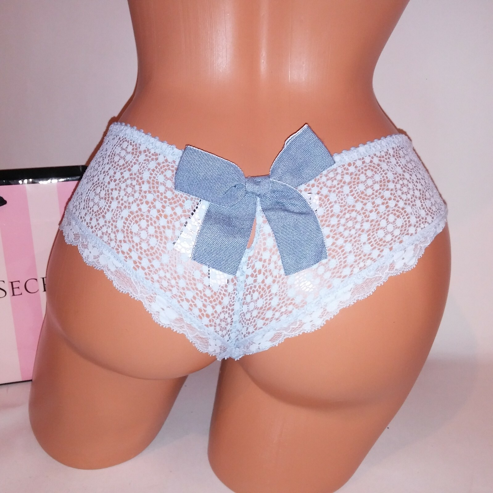 Victoria Secret Panty Wide Side Thong XS Light Blue Lace Bow Back Dream Angels N