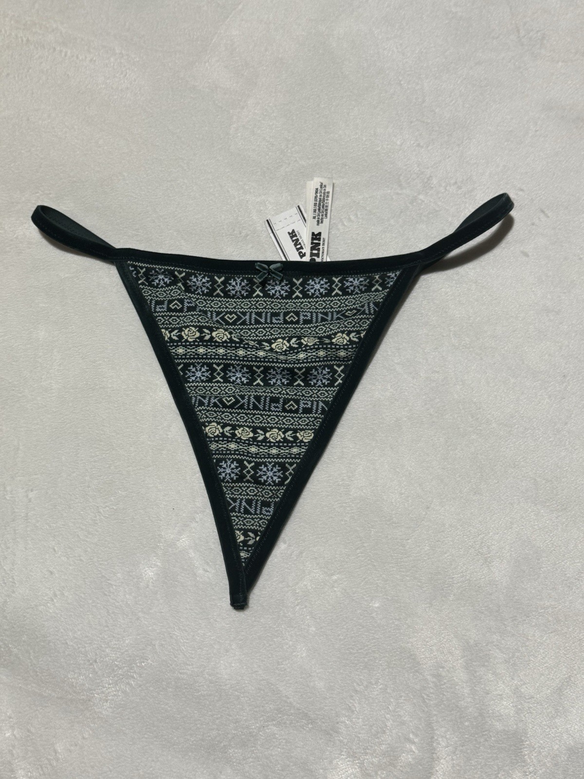 Victoria’s Secret PINK V-String Thong Panty Fair Isle Snowflake Green XL NWT